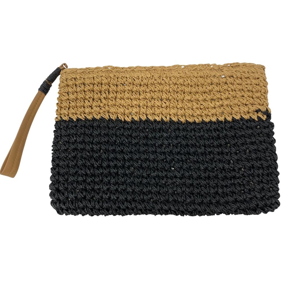 Parfois Straw Effect Envelope Clutch Purse Tan Black 11.5" X 8.5" Wristlet Strap